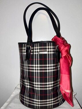 Burberry Black Plaid Bucket Tote with Red vintage Burberry Scarf!